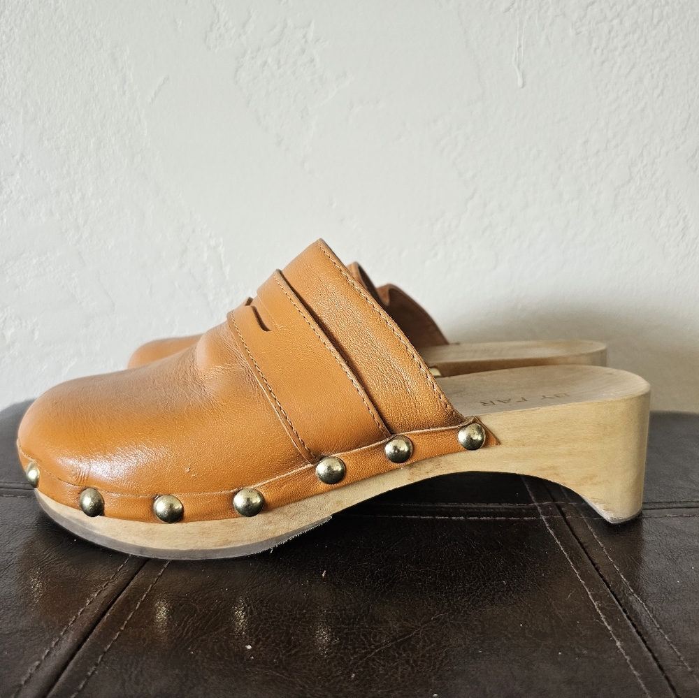 BY FAR Hans Tan Orange Wooden Leather Effortless Boho Chic Clogs Sz EU 36 - Picture 2 of 12